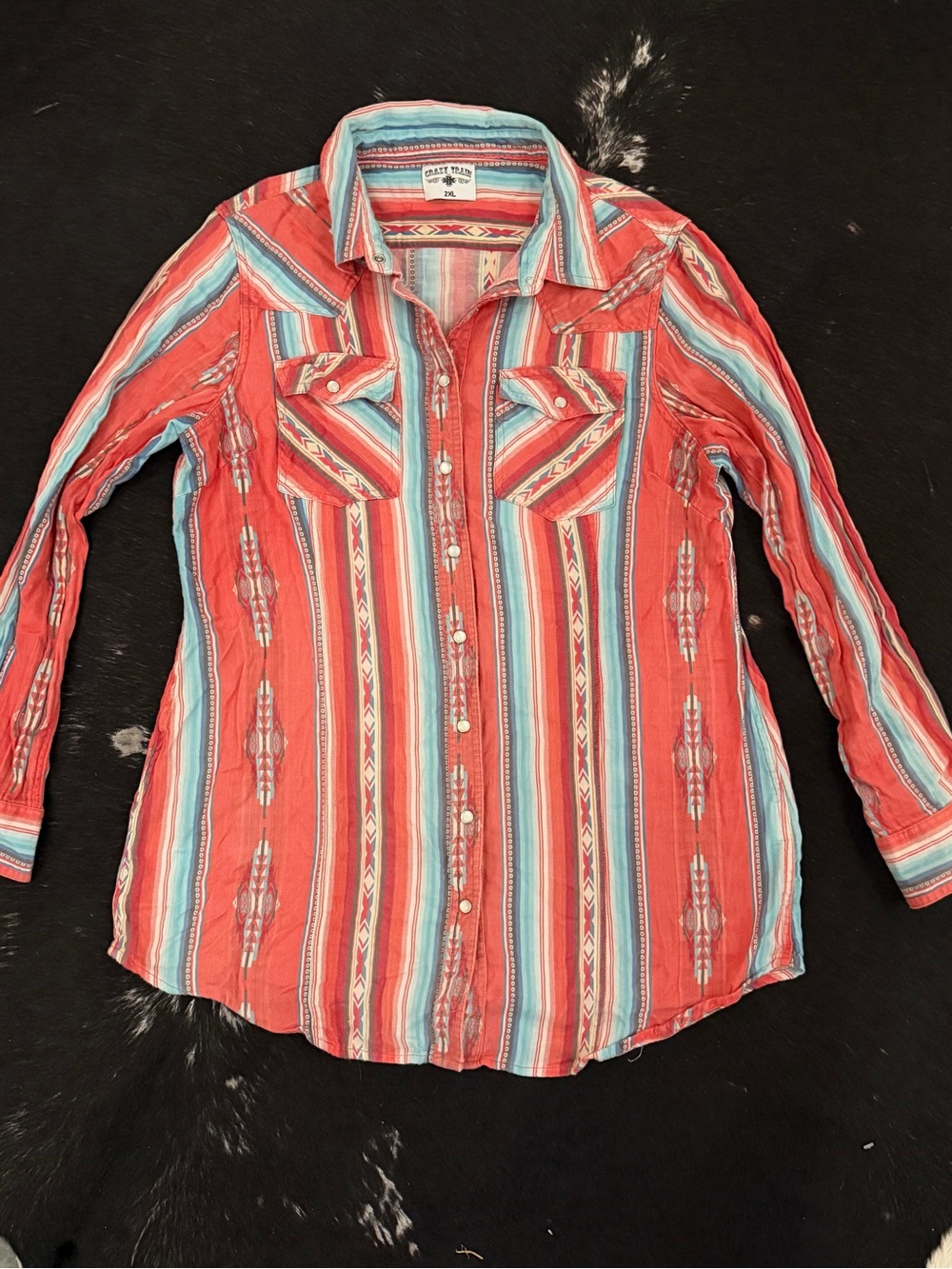 Crazy Train Southwestern Stripe Button-Up Shirt - Coral & Turquoise